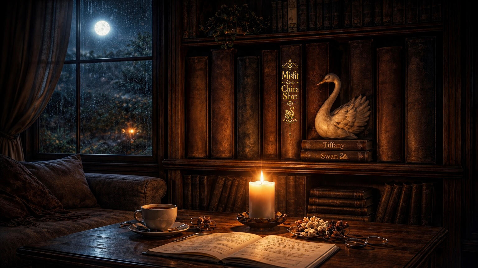 library-desktop Moonlit Tiffany Swan library with leather-bound books, a swan sculpture, candlelight, open sheet music, and rain beyond the window.