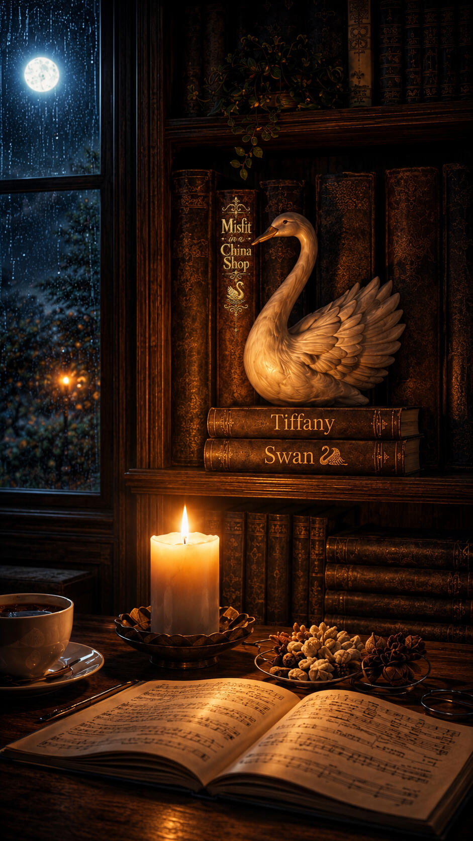 library-mobile Moonlit Tiffany Swan library with leather-bound books, a swan sculpture, glowing candle, open sheet music, and rain outside the window.