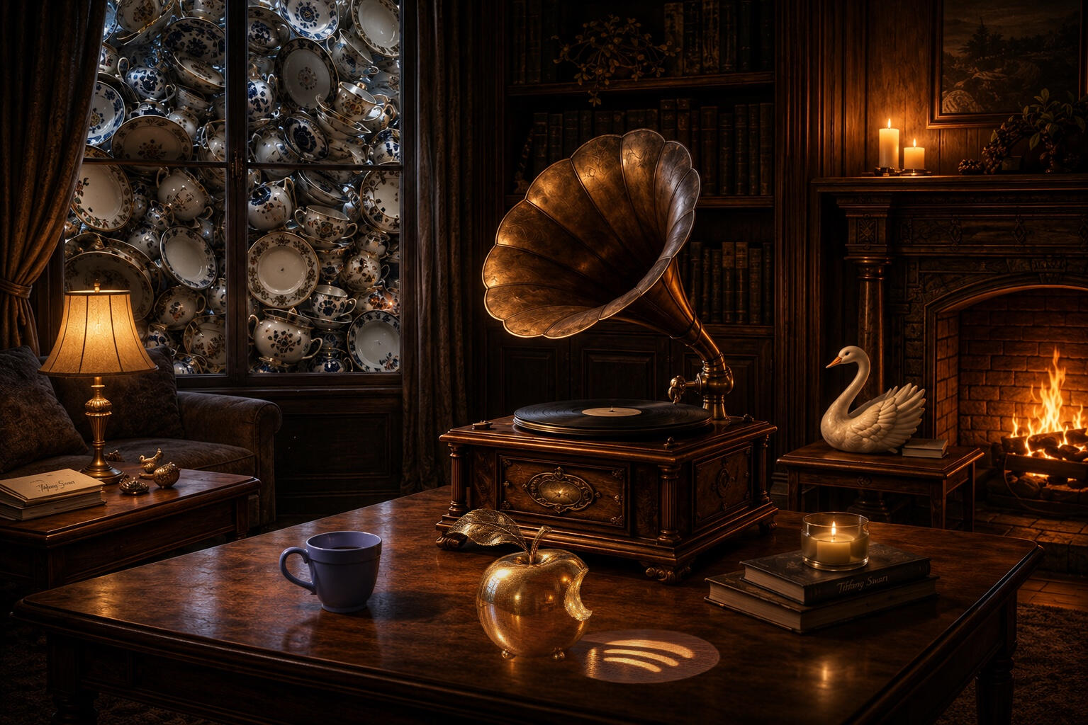misfit-desktop Candlelit Misfit in a China Shop listening room with an antique gramophone, fireplace, swan sculpture, blue cup, sheet music, and a golden apple on the table.