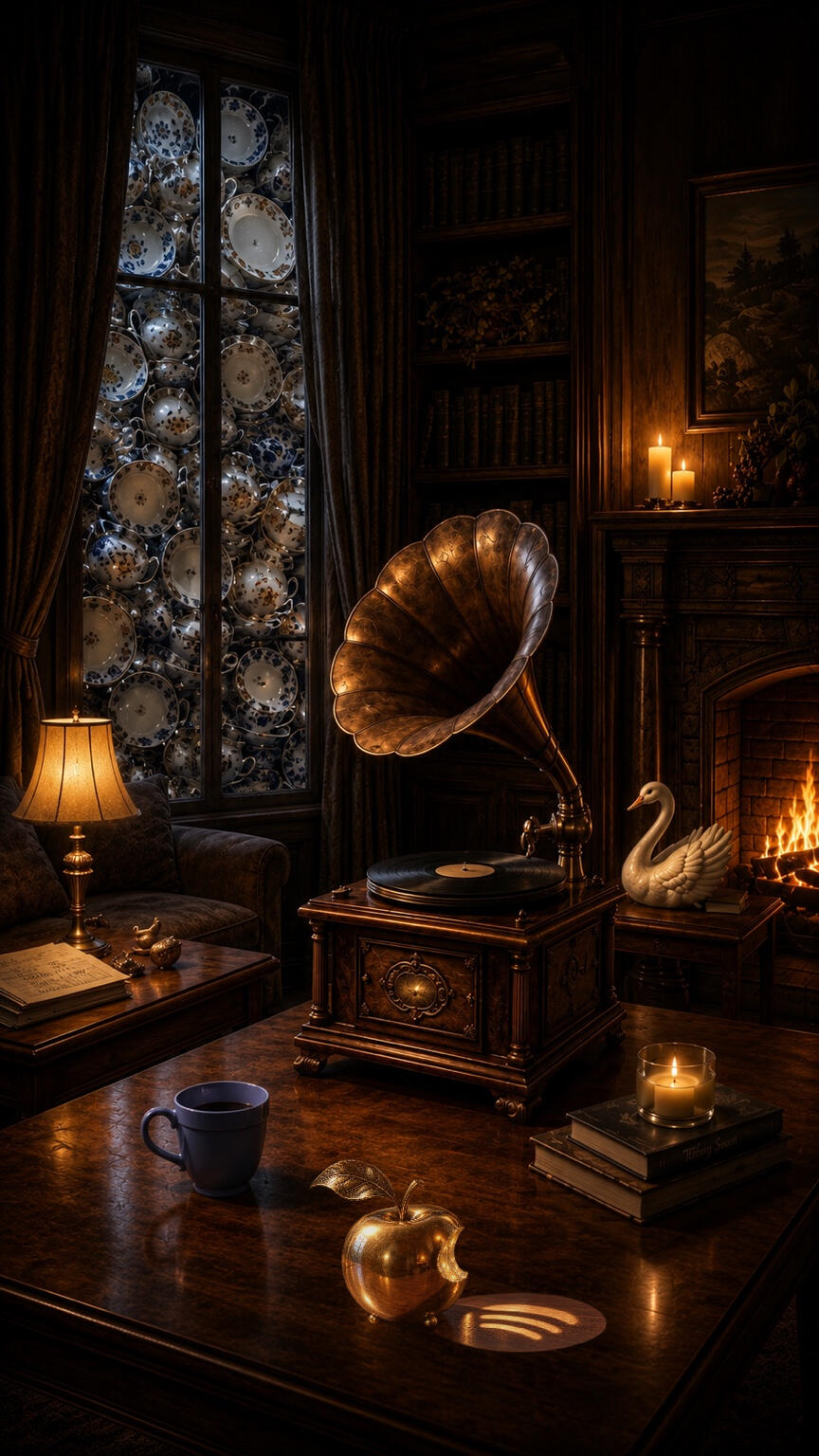 misfit-mobile Candlelit Misfit in a China Shop listening room with an antique gramophone, fireplace, swan sculpture, blue cup, sheet music, and a golden apple.