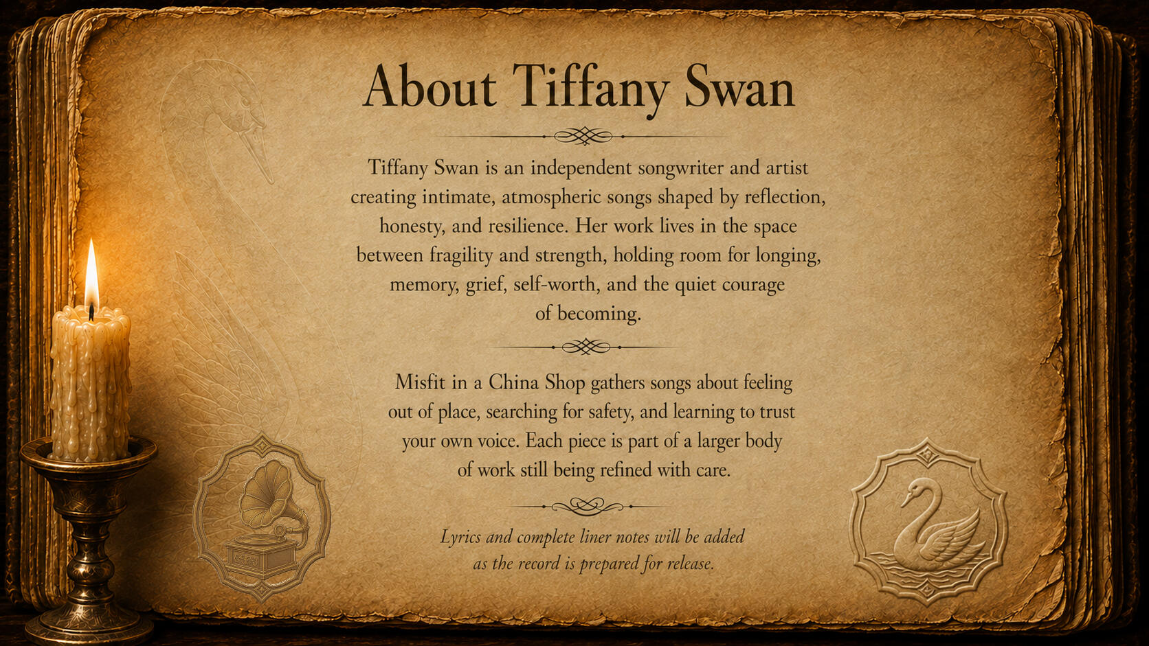 misfitbooklet-desktop About Tiffany Swan on an aged parchment page, describing an independent songwriter creating atmospheric songs about reflection, resilience, belonging, and the Misfit in a China Shop project.
