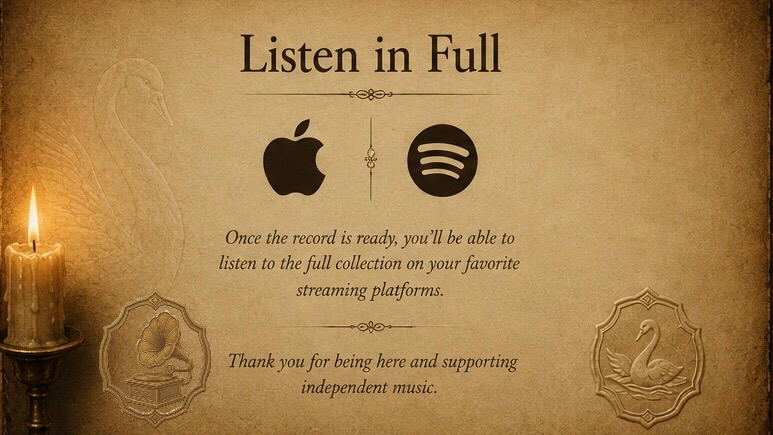 misfitlisten-desktop Listen in Full page for Misfit in a China Shop on aged parchment, with streaming platform icons, a candle, swan emblem, and gramophone navigation detail.