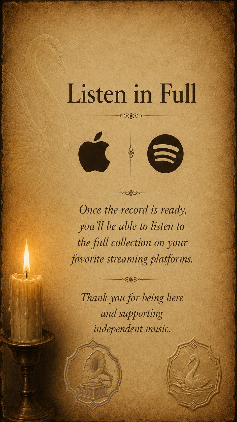 misfitlisten-mobile Listen in Full page for Misfit in a China Shop on aged parchment, with streaming platform icons, a candle, swan emblem, and gramophone navigation detail.