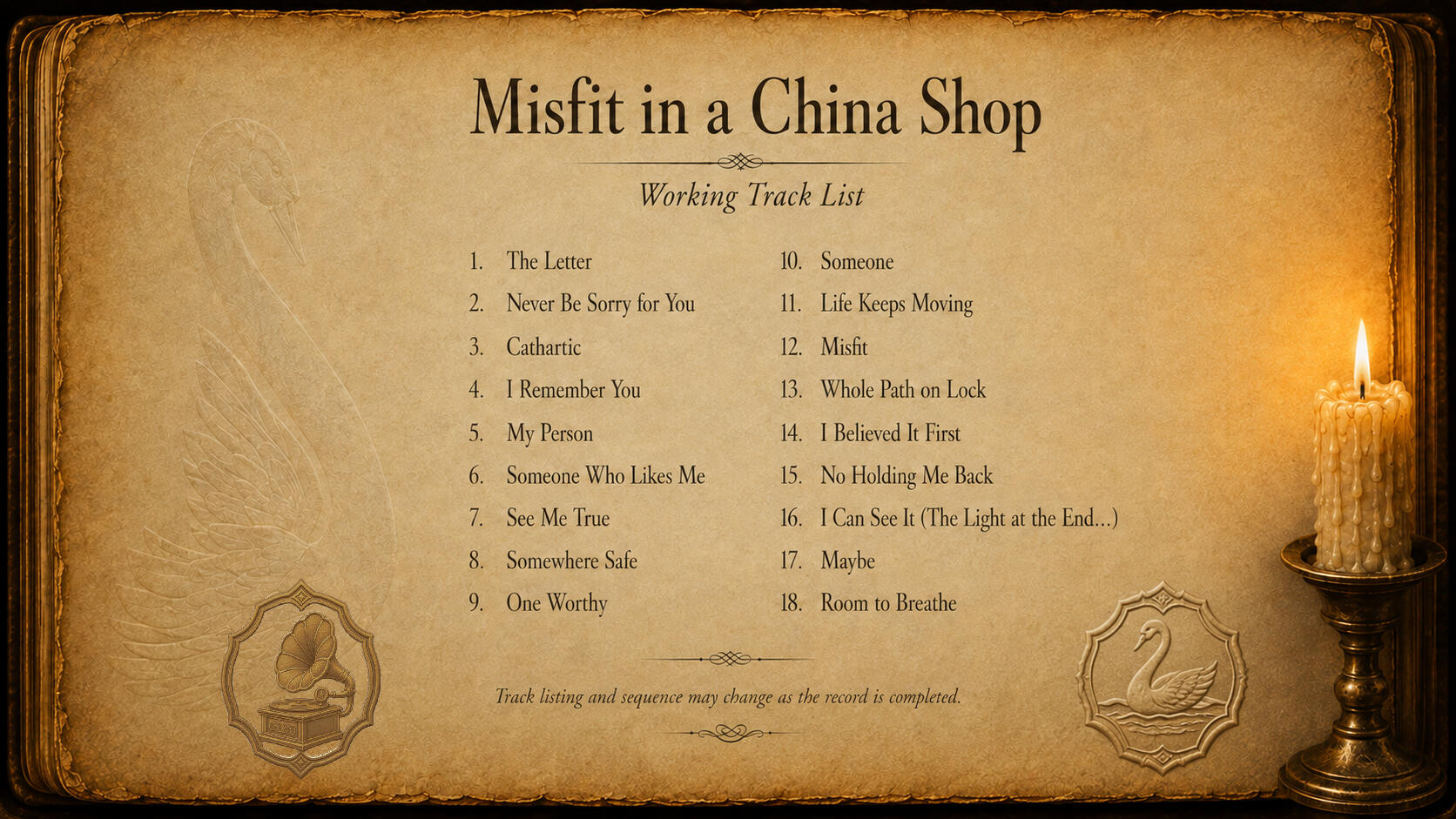 misfitmusic-desktop Misfit in a China Shop working track list on an aged parchment page, showing eighteen song titles with a candle, swan emblem, and gramophone navigation detail.