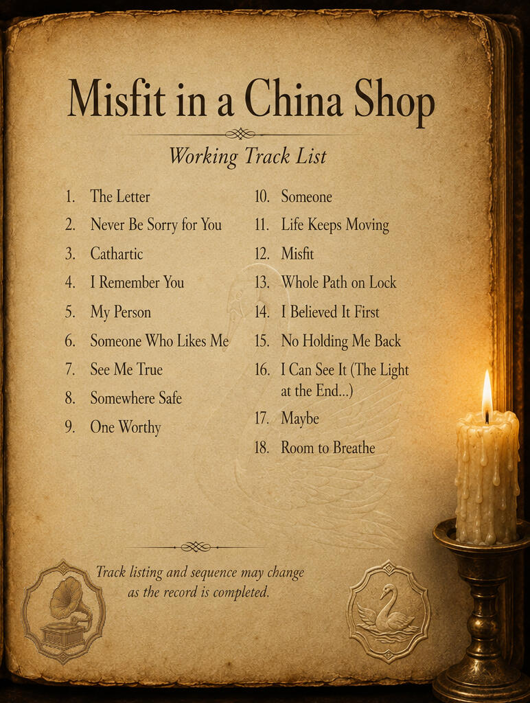 misfitmusic-mobile Misfit in a China Shop working track list on an aged parchment page, showing eighteen song titles with a candle, swan emblem, and gramophone navigation detail.